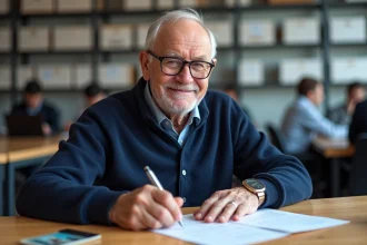 Homme âgé remplissant des formulaires de permis de conduire