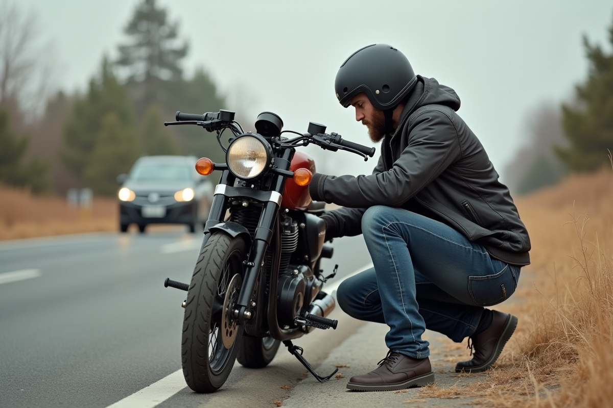 Homme barbu examine sa moto en panne sur la route rurale