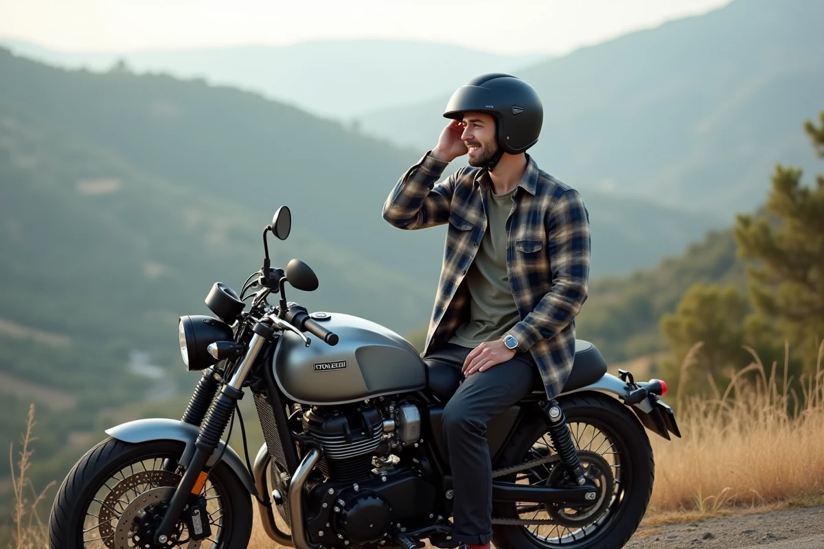 Homme en moto ajustant son casque au bord d’un panorama