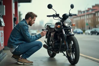 Homme en denim vérifiant la pression du pneu de sa moto