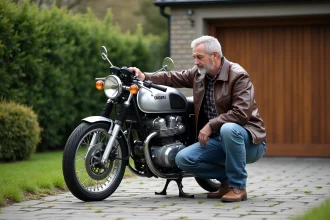 Homme en denim polissant une moto Suzuki 750 GT