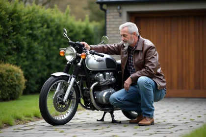 Homme en denim polissant une moto Suzuki 750 GT