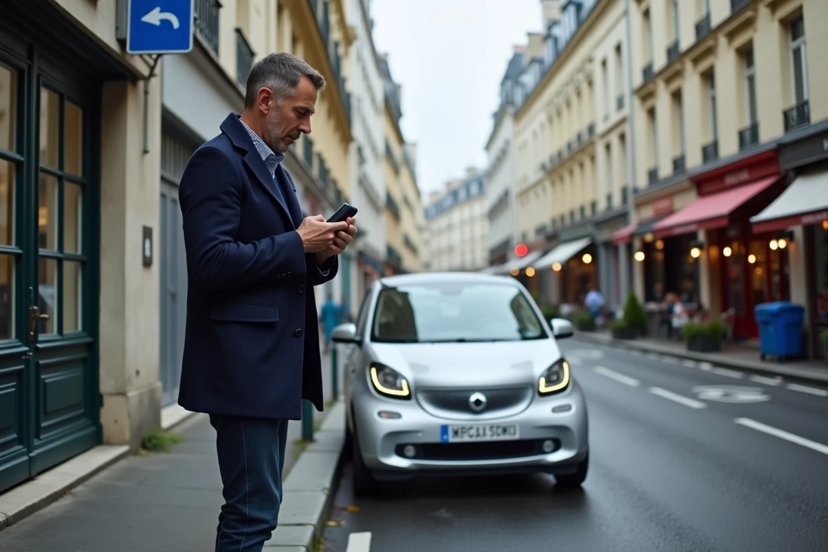 Homme payant son stationnement avec PayByPhone à côté de sa voiture dans une rue parisienne