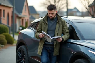 Homme d'âge moyen avec SUV familial futuriste