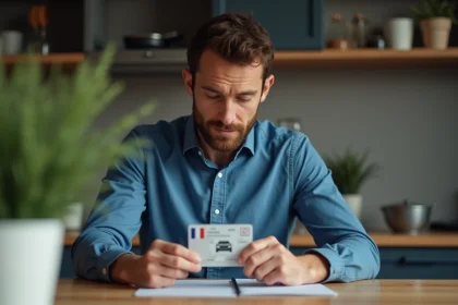 Homme examinant son permis de conduire français dans la cuisine