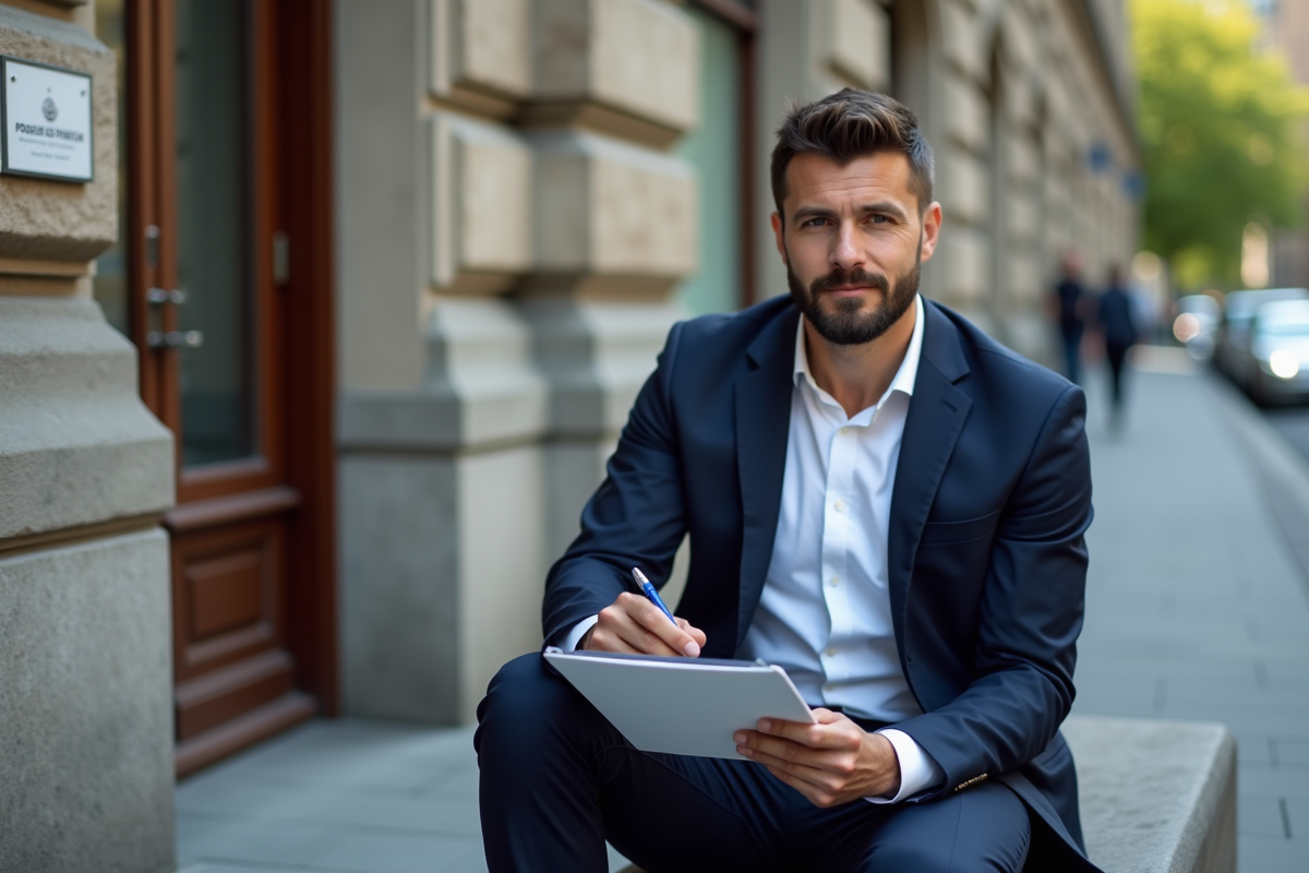 Homme en costume assis devant poste de police en ville