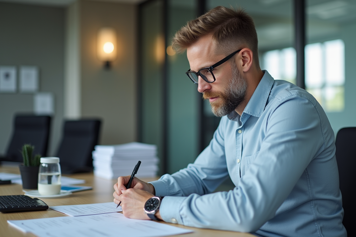 Homme d'âge moyen remplissant formulaires d'immatriculation