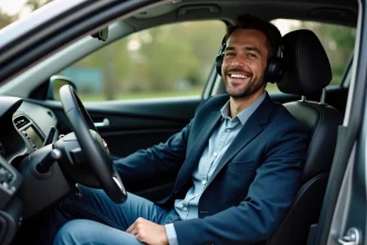 Homme en jean et veste navy dans un SUV urbain