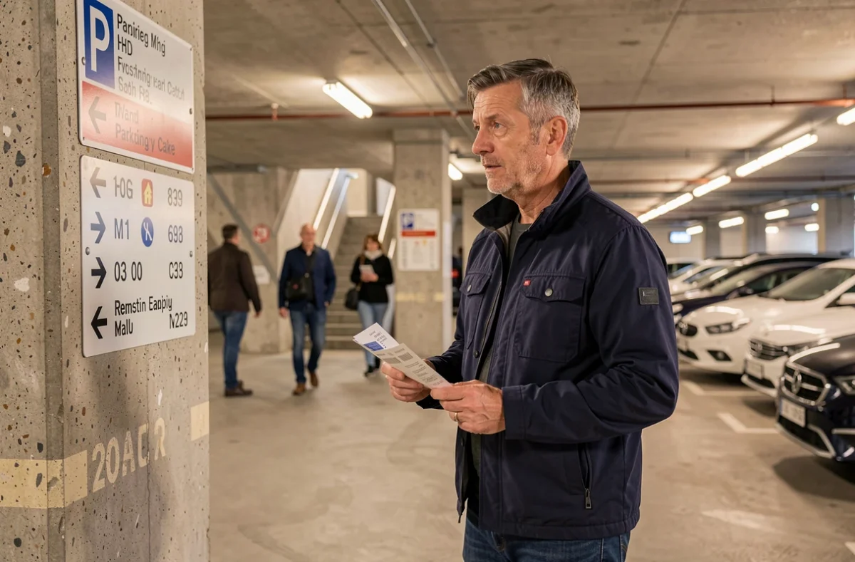 Homme cherchant la sortie du parking P2 du Stade de France en tenant son ticket après un événement sportif