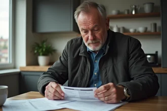 Homme réfléchissant à un PV dans sa cuisine