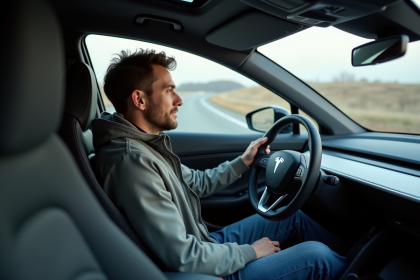 Homme en voiture électrique regardant l'écran de charge