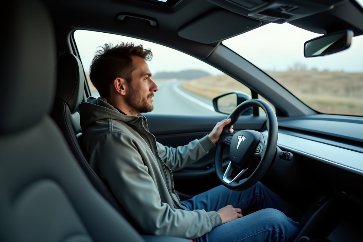 Homme en voiture électrique regardant l'écran de charge