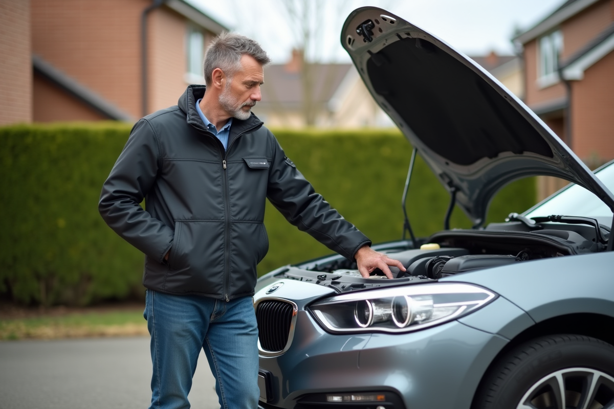 Homme examinant l'étiquette des émissions sur sa voiture