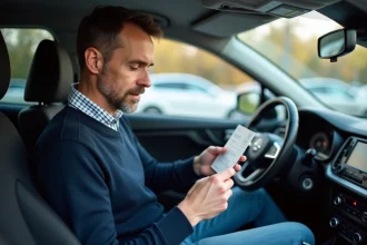 Homme dans une voiture examine sa carte d'immatriculation