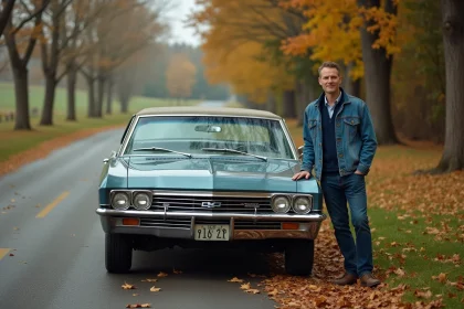 Homme d'âge moyen avec voiture Impala en automne