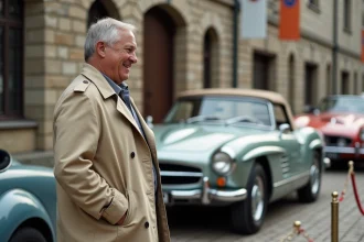 Homme en trench beige devant voiture vintage au musee