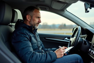 Homme en voiture écrivant dans un carnet sur l'autoroute