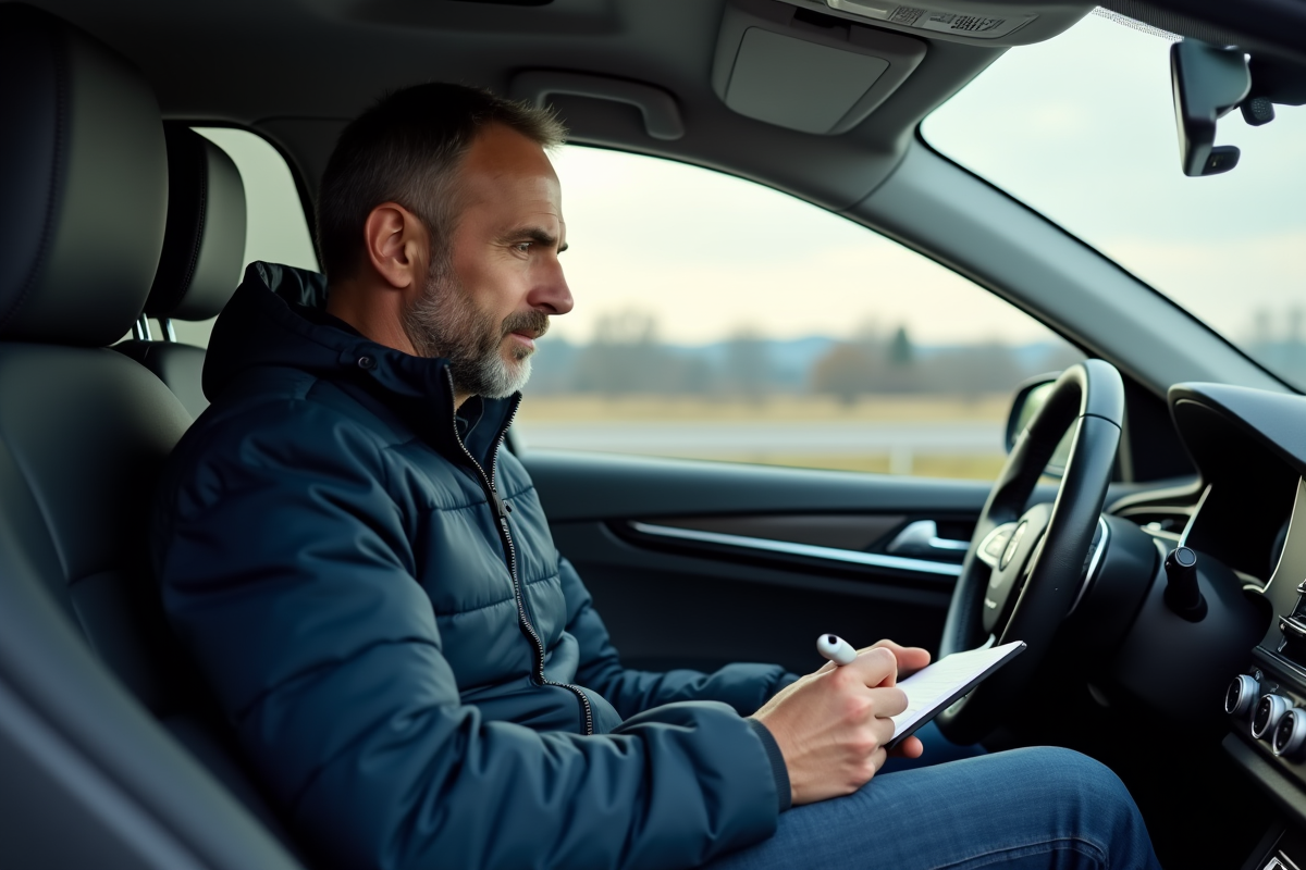 Homme en voiture écrivant dans un carnet sur l'autoroute