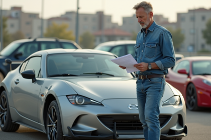 Homme d'âge moyen examinant un véhicule d'occasion en lot