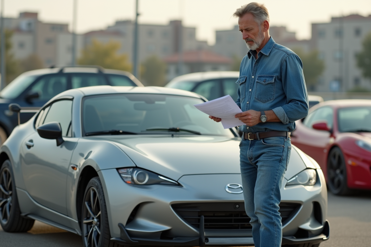 Homme d'âge moyen examinant un véhicule d'occasion en lot