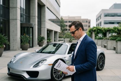 Homme en blazer navy avec Porsche 918 Spyder en ville