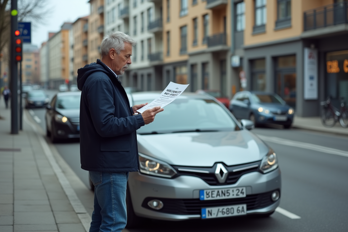 Homme d'âge moyen lisant une affiche sur le diesel en ville