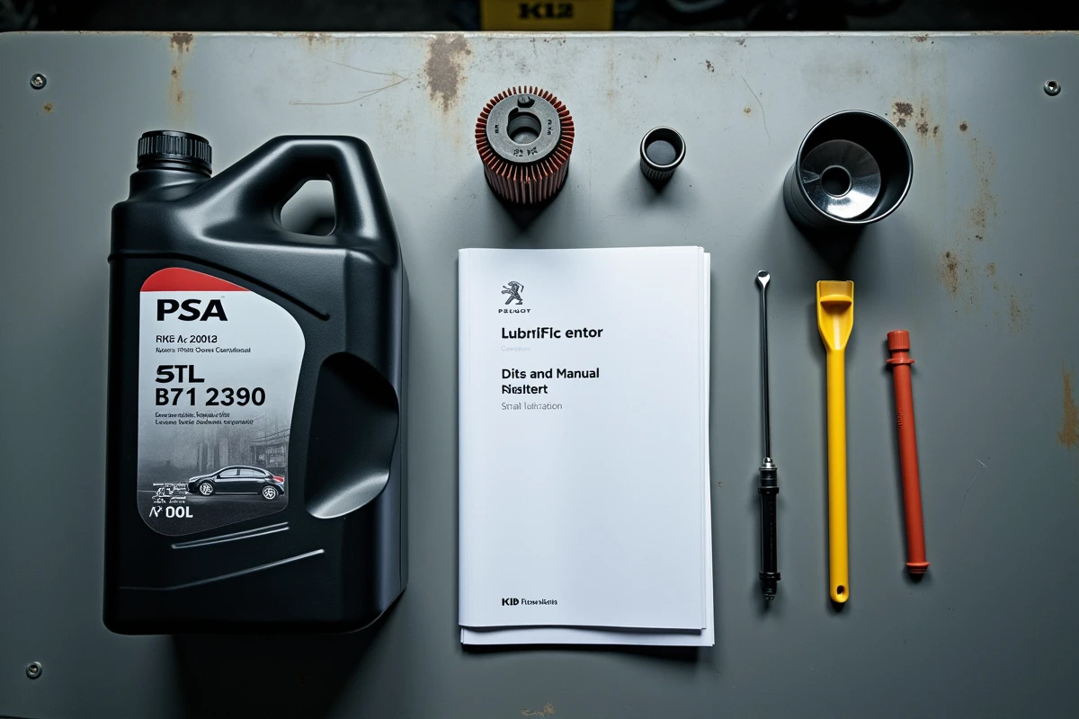 Huile moteur norme PSA B71 2290 avec manuel Peugeot 208 et filtre à huile sur établi d'atelier