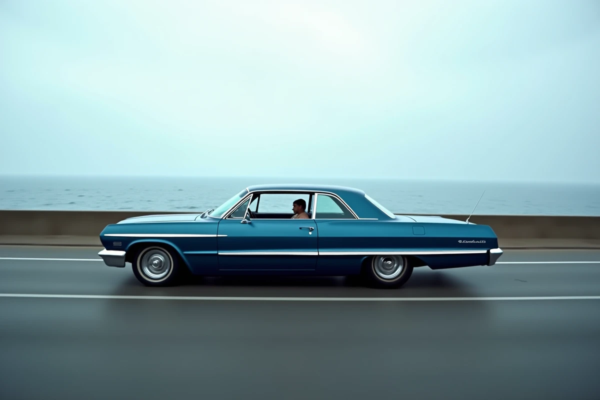 Chevrolet Impala SS 1964 bleu métallisé en mouvement sur une route côtière, vue de profil avec horizon océan et ciel nuageux