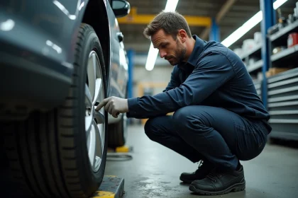Technicien automobile examinant l'indice de charge inscrit sur le flanc d'un pneu dans un atelier professionnel