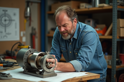 Ingénieur homme examine prototype moteur magnetique dans atelier