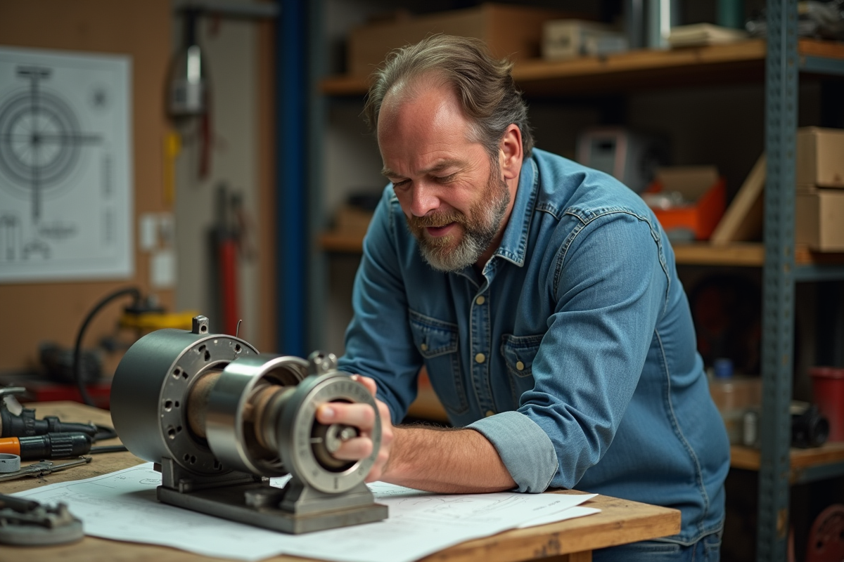 Ingénieur homme examine prototype moteur magnetique dans atelier