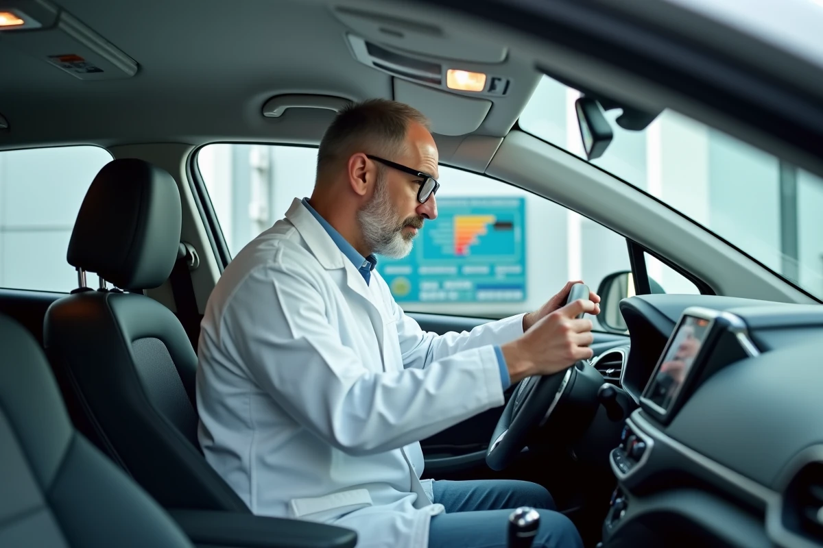 Ingénieur en sécurité automobile inspectant le tableau de bord et les airbags d'une voiture compacte lors d'un test de sécurité Euro NCAP