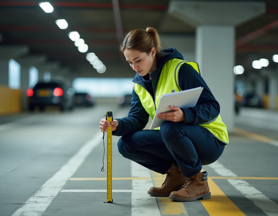 Ingénieure mesurant les dimensions d'une place de parking lors d'une rénovation de parc de stationnement