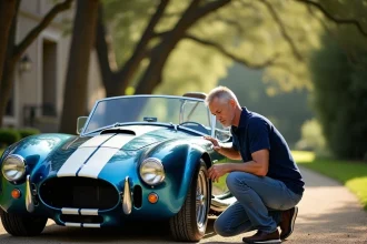 Homme inspectant une Cobra replica années 60 bleue lors d'une évaluation d'achat d'occasion