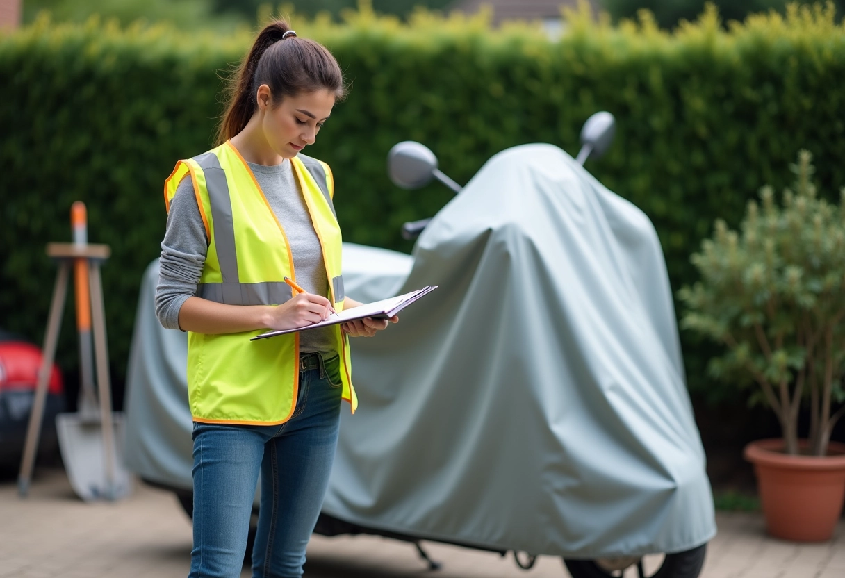 Jeune femme contrôlant une moto couverte en extérieur