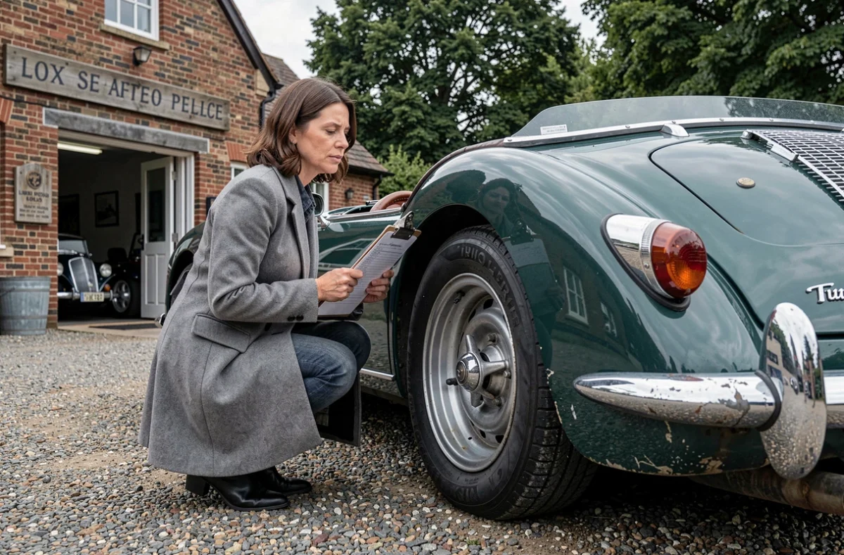 Une femme experte inspecte les détails carrosserie d'une Triumph TR3 verte avant une négociation avec un vendeur classique