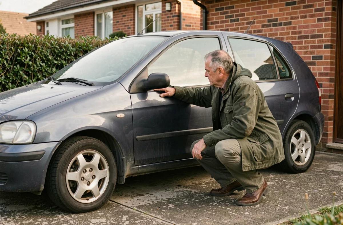 Un homme inspectant l'état d'une voiture d'occasion dans une allée résidentielle avant de la mettre en vente