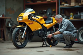 Mécanicien inspectant une Yamaha TZR 125 dans un garage urbain pour vérifier l'état mécanique avant achat