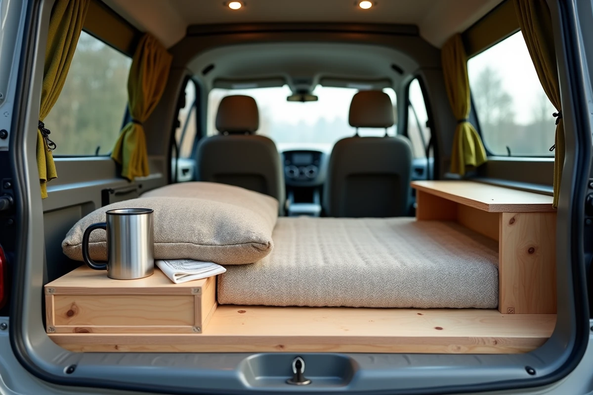 Intérieur aménagé d'une Dacia Sandero en mini camping-car avec plateforme de couchage en bois, matelas et rideaux en tissu vert olive, style van life DIY