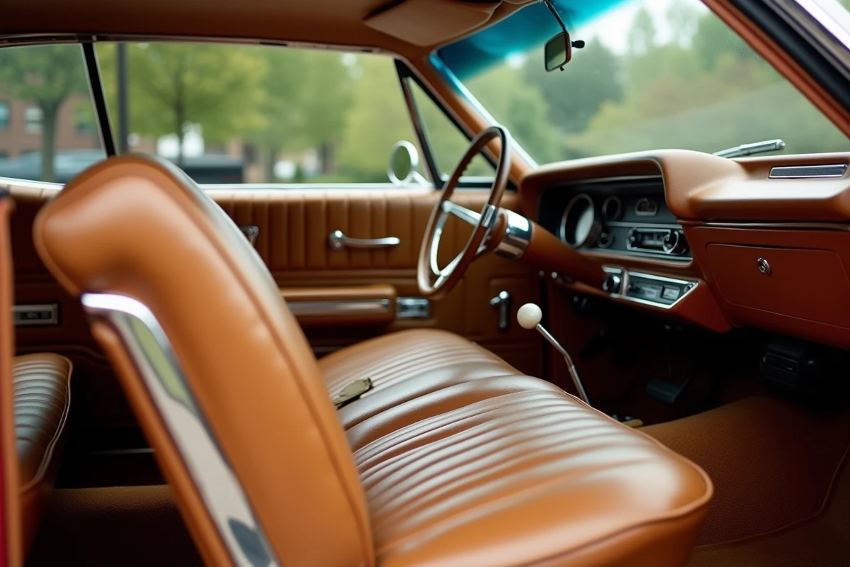 Intérieur restauré d'une Chevrolet Impala 1967 avec siège en cuir caramel, tableau de bord vintage et volant chromé