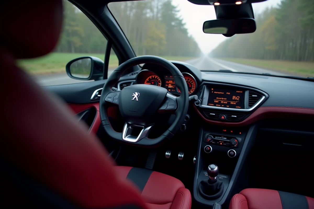 Intérieur de la Peugeot 208 GTI avec tableau de bord sportif et affichage de la consommation de carburant