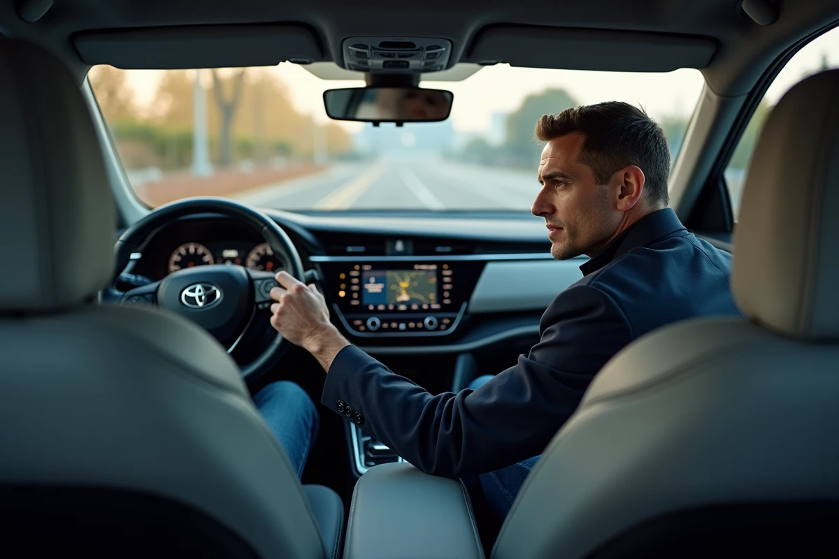 Conducteur au volant d'une Toyota Corolla hybride avec écran de gestion d'énergie visible