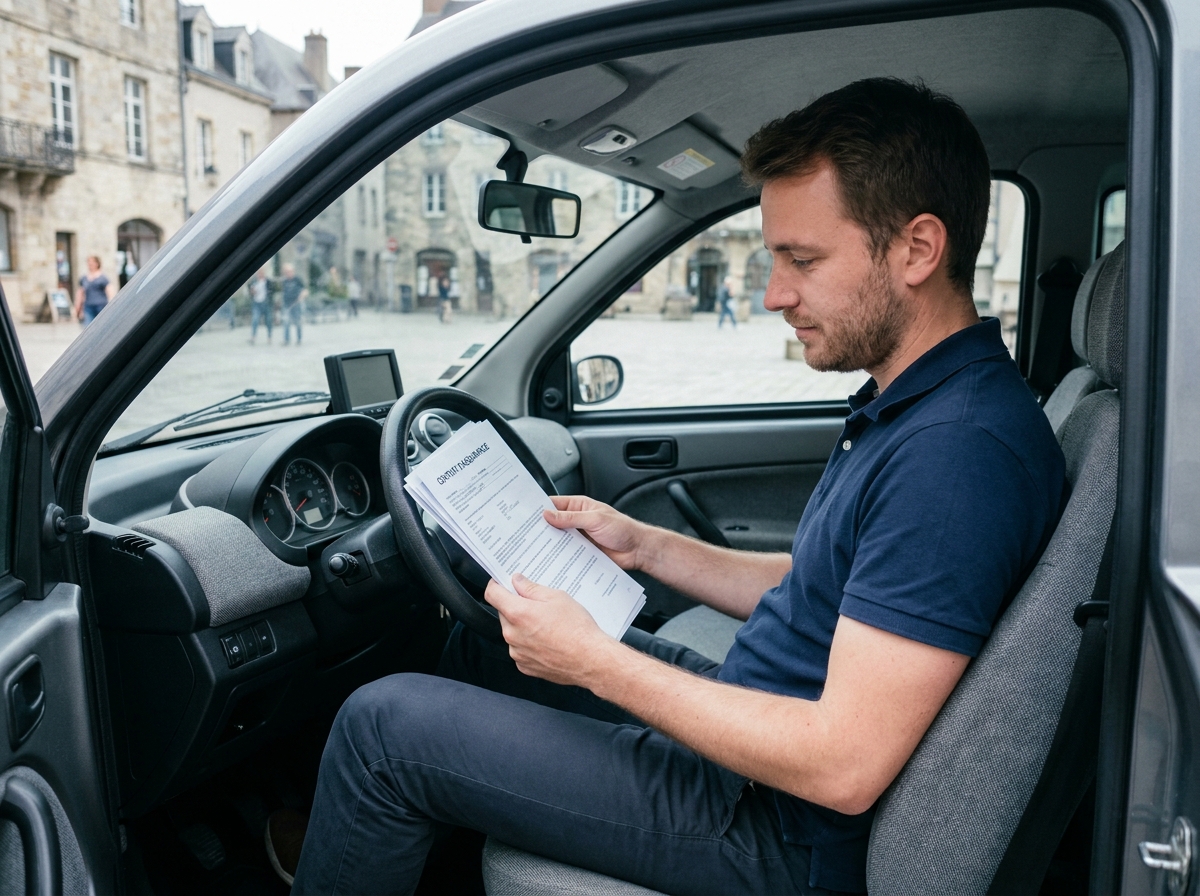 Jeune homme lisant un contrat d'assurance à l'intérieur d'une voiture sans permis avec tableau de bord visible