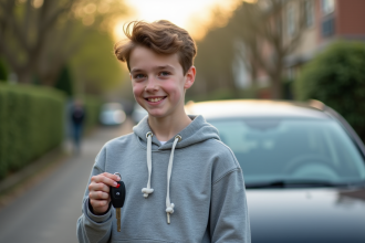 Jeune garçon souriant avec permis de conduire et clés de voiture