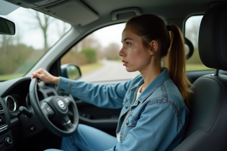 Jeune femme concentrée au volant d'une voiture compacte