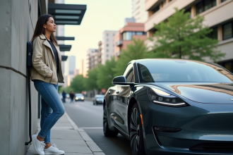 Jeune femme contemplant une voiture électrique en ville