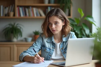 Jeune femme en denim et blouse étudie permis de conduire