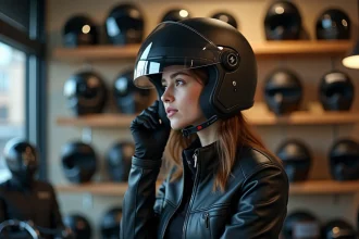 Jeune femme essayant un casque moto dans un magasin