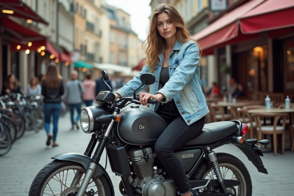 Jeune femme en denim sur une moto dans un café urbain