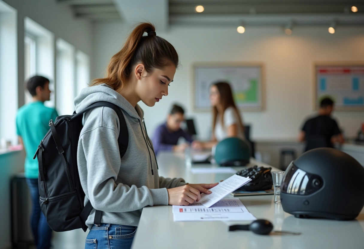 Jeune femme vérifiant ses papiers de scooter en mairie